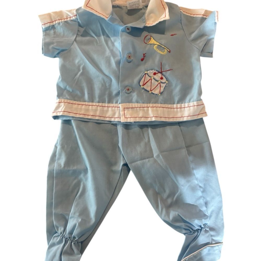 VTG Cradle Togs Blue Musical Embroidered Footie Set - Drum & Horn‎ - 1970s